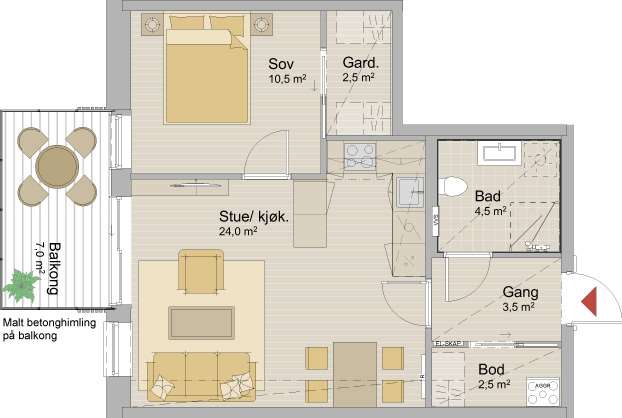 2-roms leilighet på 50,5 kvm BRA